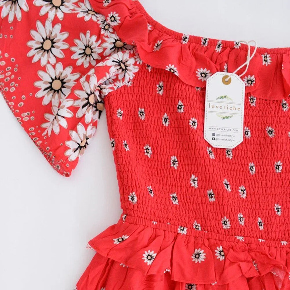 Loveriche Red Floral Smocked  Bodice Fit Flare Summer Sun Mini Dress M - Picture 9 of 13